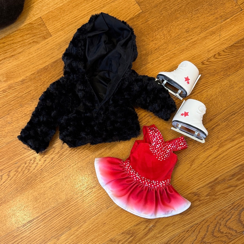 American Girl Doll ice skater and black fur coat set